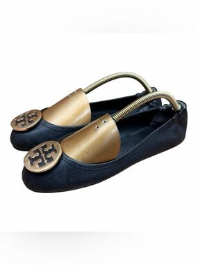 Tory Burch size 10.5M Black Leather Ballet Flats with Gold Logo Accents
